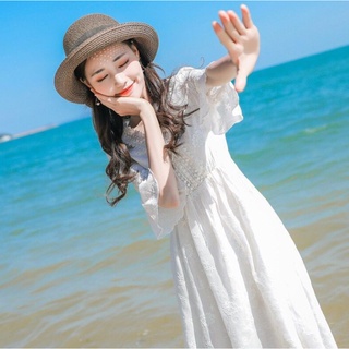 ZP♥Shop【A20783】清新甜美喇叭袖高腰蕾絲雪紡洋裝 白色洋裝 短袖洋裝 連身裙 連衣裙 渡假洋裝