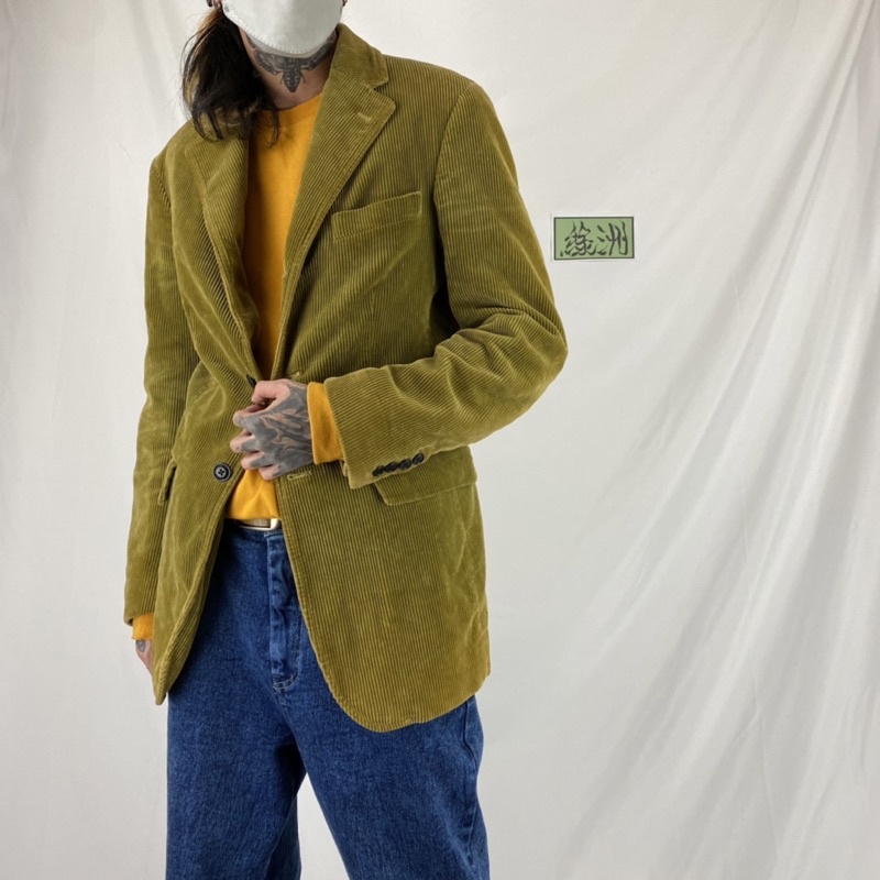 古著 Polo Ralph Lauren 土黃色 鋪棉 全燈芯絨 單排扣 西裝外套 長版 西裝大衣 美版S