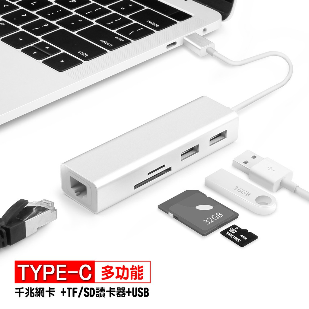 Type C 轉換器  轉外置有線網RJ45 網路USB 3.0 HUB macbook pro 轉接器 SD卡 讀卡器