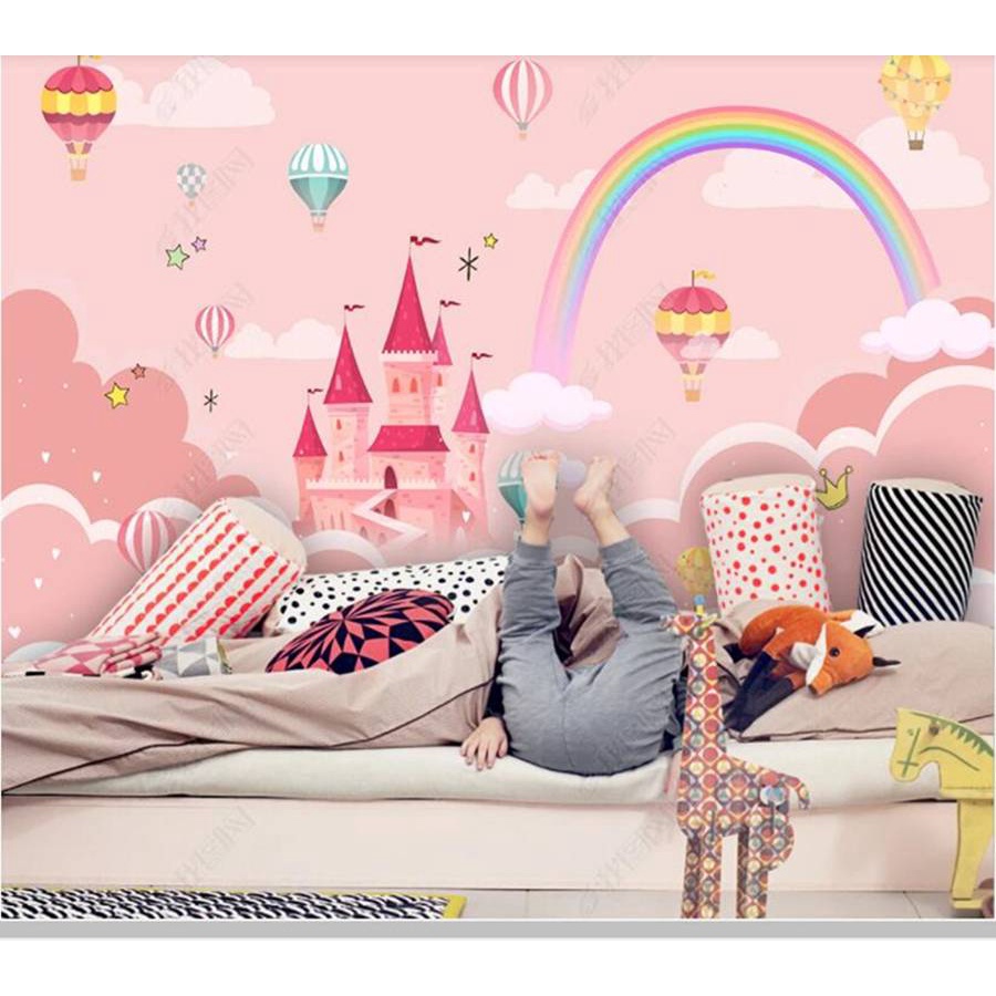 定制壁紙貼紙,粉色卡通城堡彩虹熱氣球兒童臥室女孩房間3d壁紙壁畫牆飾