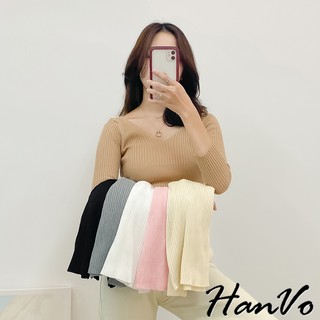 【HanVo】小資女必備百搭V領打底衣 長袖針織薄款純色打底衫 韓版純色基本款長袖上衣 女生衣著 A02-1587