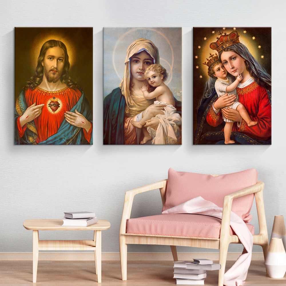 基督教壁畫 耶穌聖心掛畫 聖母瑪利亞繪畫 臥室裝飾 房間裝飾 北歐掛畫 藝術掛畫 歐式相框 無框畫 基督海報