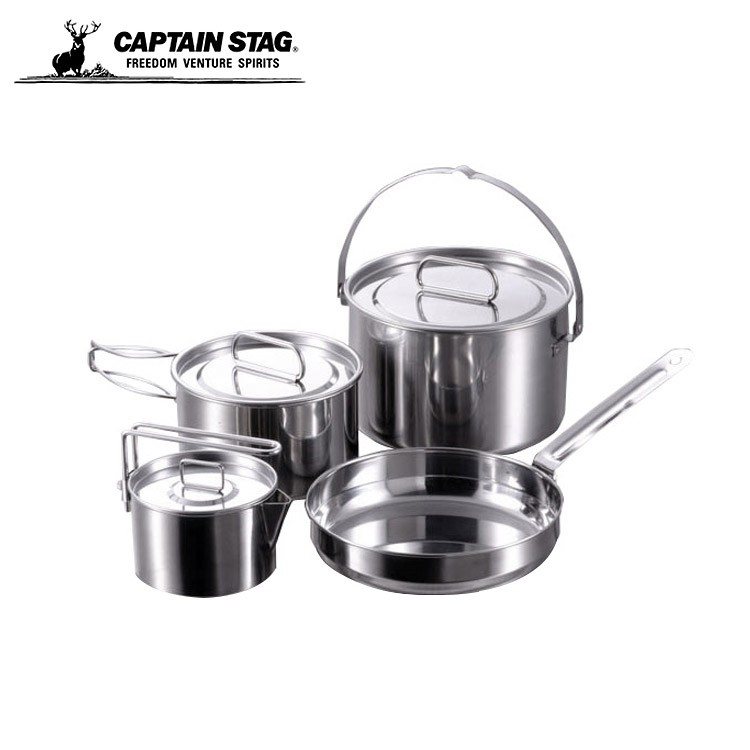 【Captain Stag】鹿牌 M-5504 不鏽鋼鍋四件組(L) 日本 湯鍋 平底鍋 煎鍋/炊具
