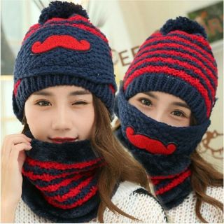 👒現貨👒冬天毛帽鬍子圖 三件組/二件組 親子款帽子 冬天韓版針織帽口罩圍脖加絨護耳帽/自行車必備｜｜