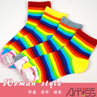 Amiss繽紛撞色棉織少女襪【2雙入】-彩虹條紋 (C702-33)