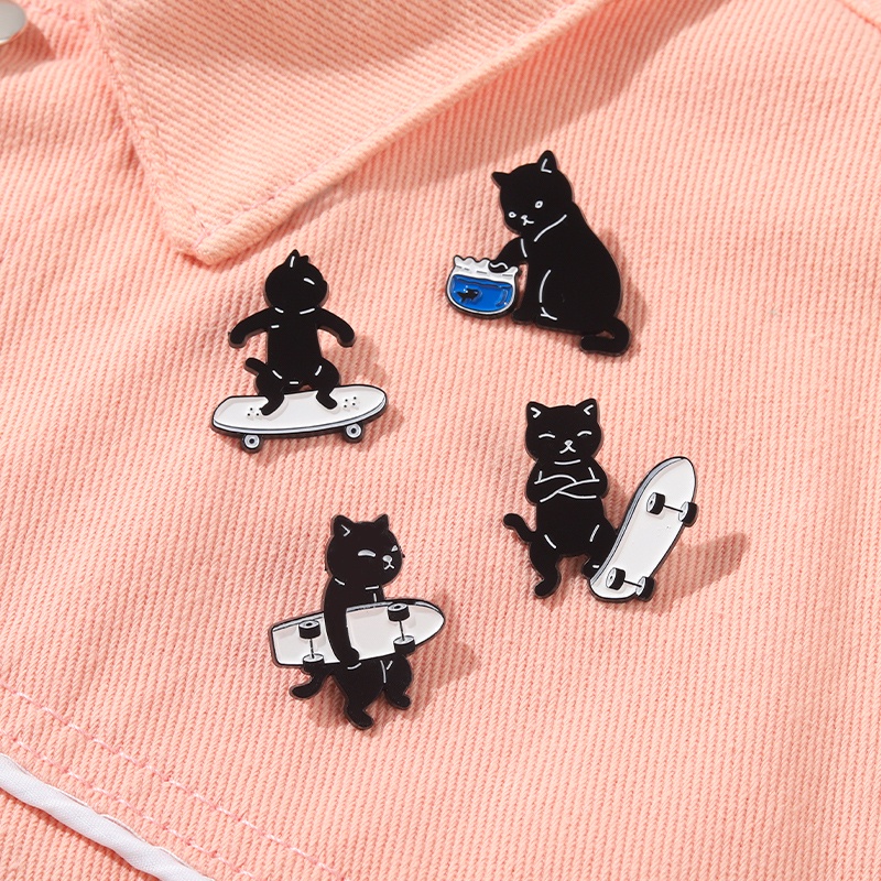 黑貓琺瑯別針可愛滑板動物胸針徽章配件衣服背包禮品首飾