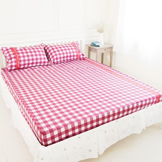 【奶油獅】格紋系列-台灣製造-100%精梳純棉床包三件組(紅)－雙人特大7尺