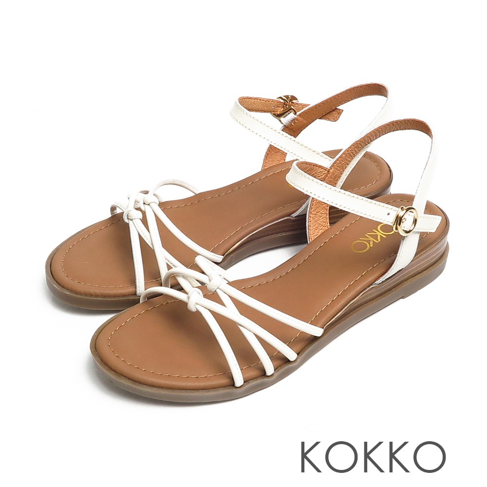 KOKKO立體扭轉細帶小牛皮舒壓彈力楔型涼鞋白色