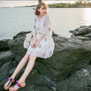 刺繡花朵小洋裝波西米亞海邊度假裙海灘裙雪紡裙