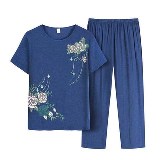 單件/套裝女夏仿棉麻媽媽睡衣 短袖中老年人奶奶兩件套外穿家居服