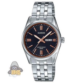 【CASIO】台灣卡西歐公司貨 不鏽鋼指針紳士錶 50米防水-黑面X玫瑰金刻度(MTP-1335D-1A2)