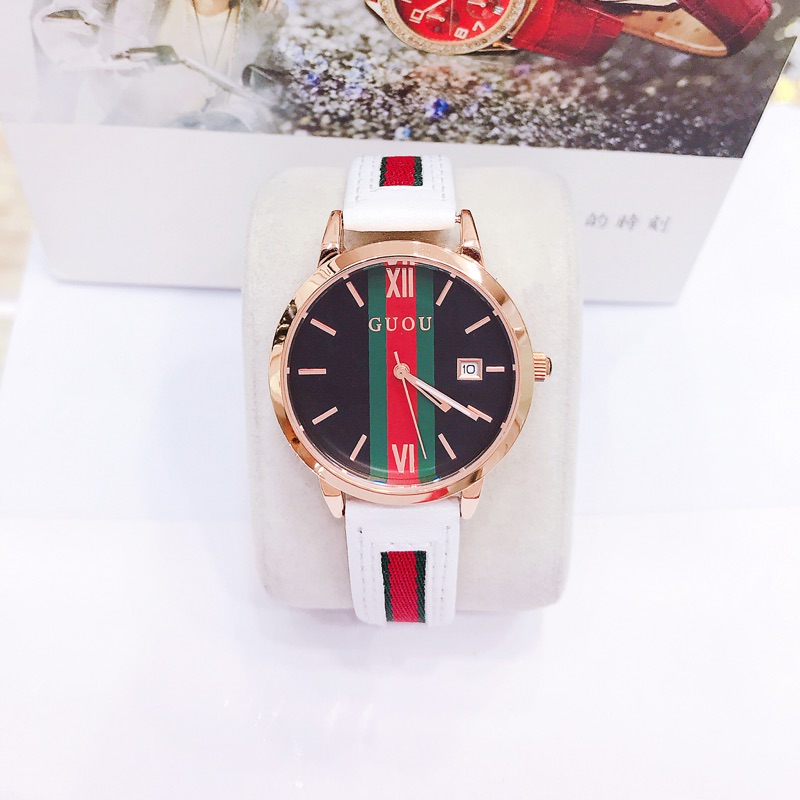 ✨ GUOU ✨ 香港品牌 古歐 時尚紅綠配色玫瑰金錶 保固 防水 8082GB