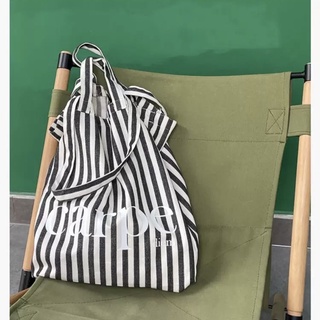 Enjoy/carpe diem🦓純棉大容量2way條紋手提包 肩背包 托特包 帆布包 購物袋 手提行李