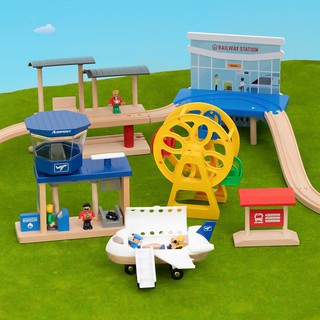 嬰兒兒童玩具✻❏木質火車軌道車飛機場車站車庫機房公交站碼頭兼容小米brio配件11