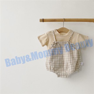 寶寶 新生兒 嬰兒 素t 吊帶褲 包屁衣 男寶 女寶 格子 條紋 兩件組 60~90cm