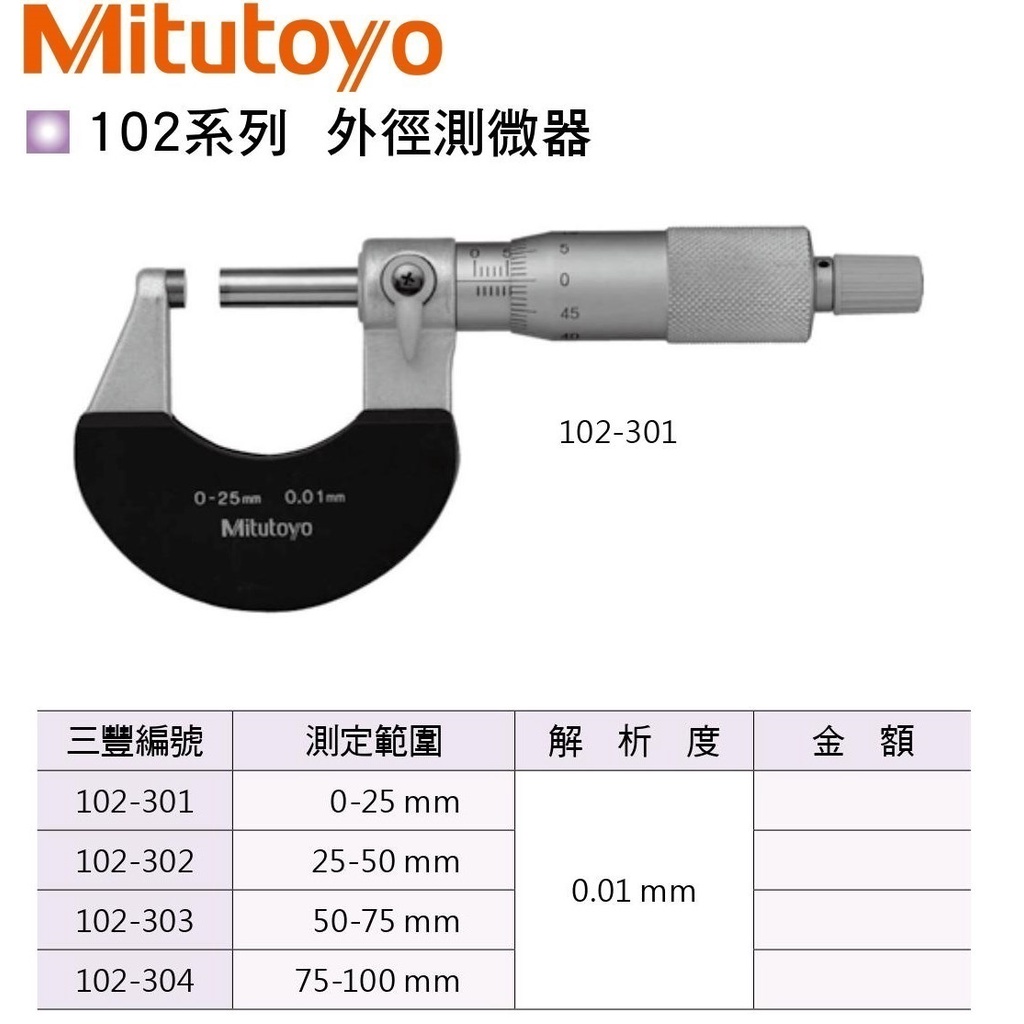 日本三豐Mitutoyo 102-302 外徑分厘卡 外徑測微器 25-50mm