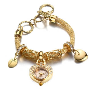 女士鑽石 Love 手鍊手錶金色和銀色不銹鋼腕錶