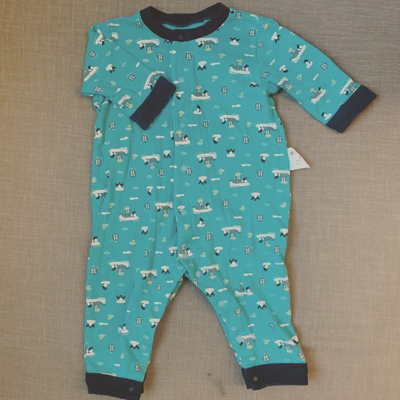 Lativ baby藍綠色企鵝造型嬰兒長袖長褲連身包屁衣兔裝70cm