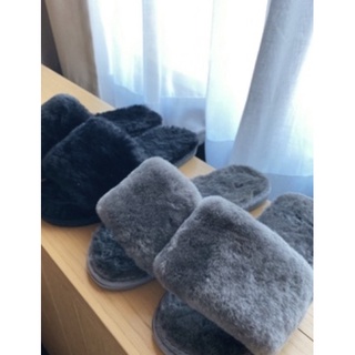 [ ohya梨花 ] =韓國帶回=最新秋冬名媛性感穿搭歐美時髦質感黑色/灰色真羊毛保暖顯瘦造型拖鞋