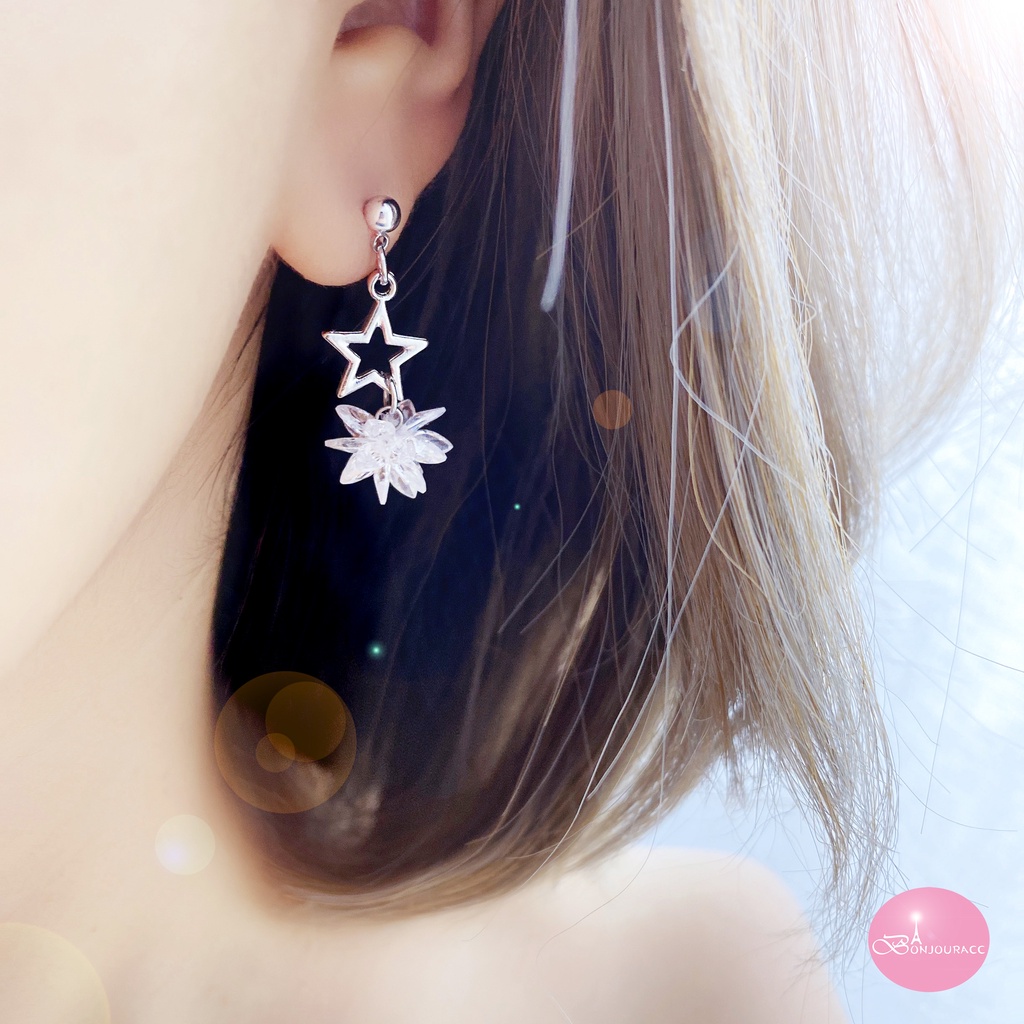 韓國 浪漫星心結晶 耳環 夾式 針式 925銀針 台灣現貨 【Bonjouracc】