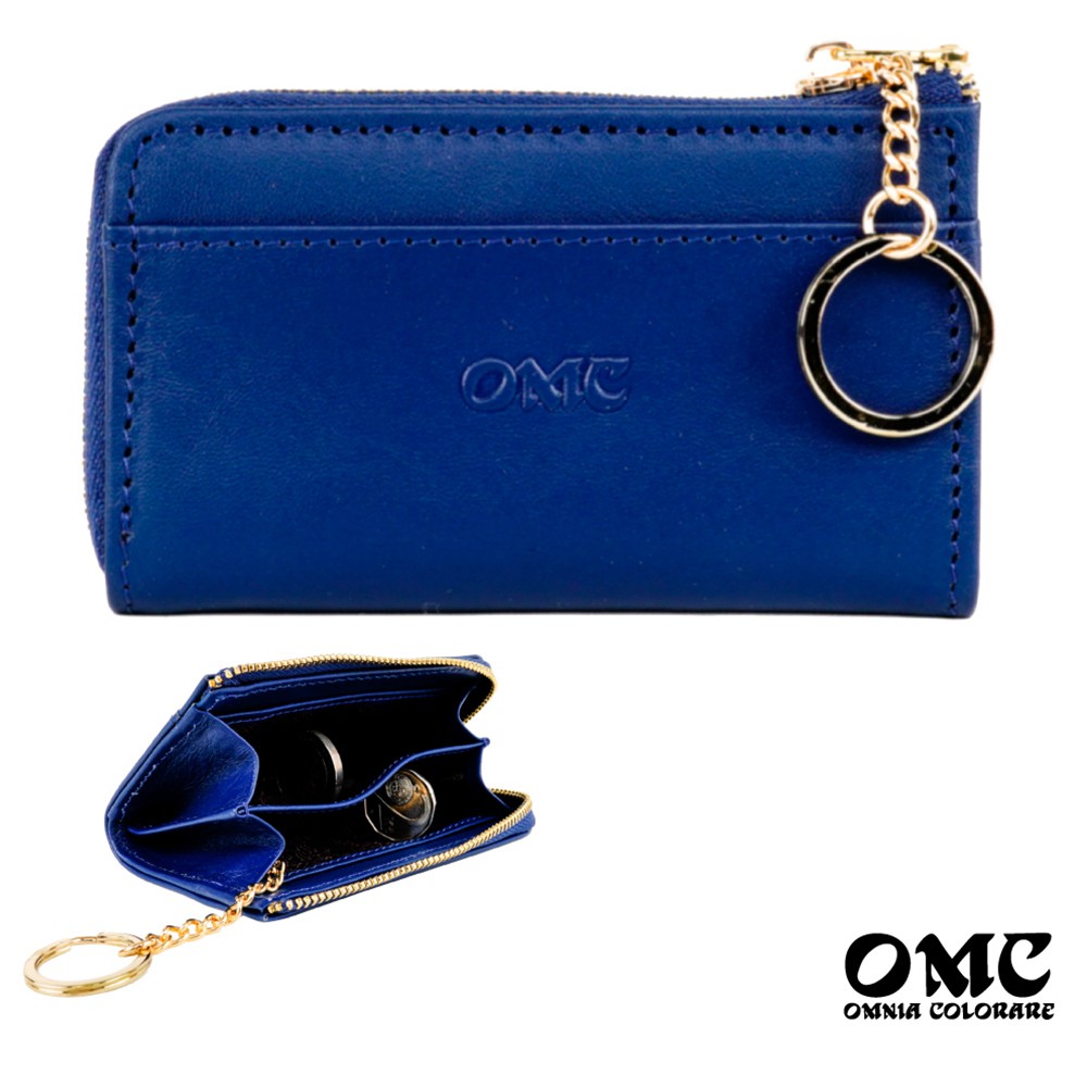 【OMC】義大利植鞣革L型拉鍊牛皮卡片鑰匙零錢包-天藍