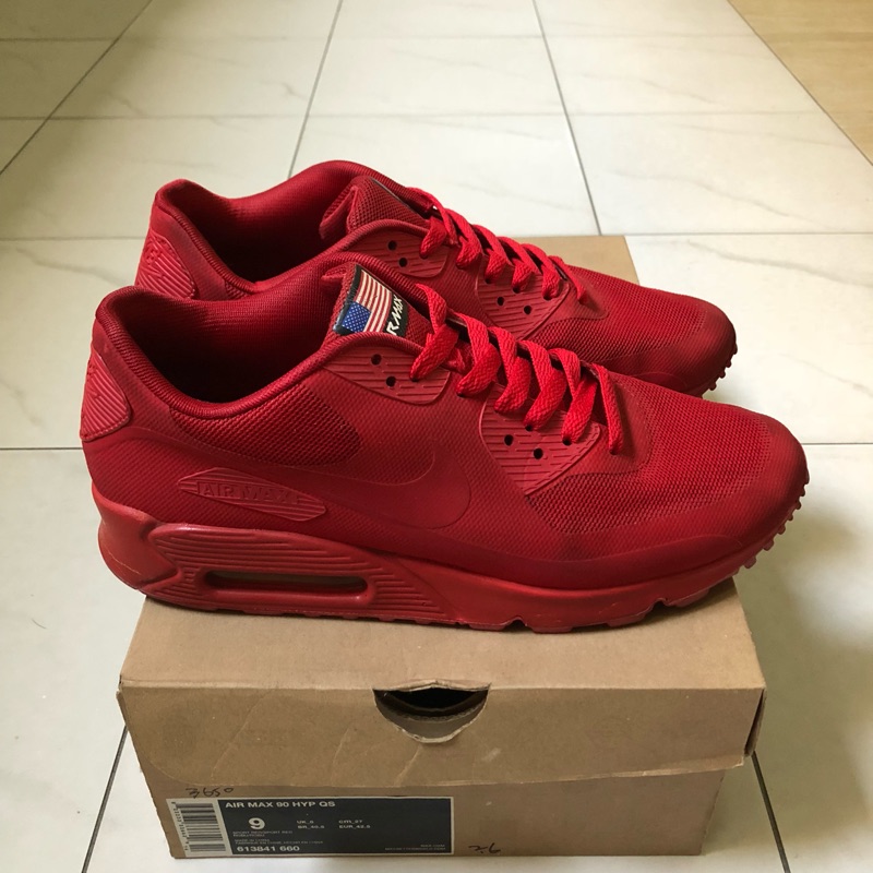 (二手便宜賣）Nike Air Max 90 QS 全紅 US9 獨立紀念日版本