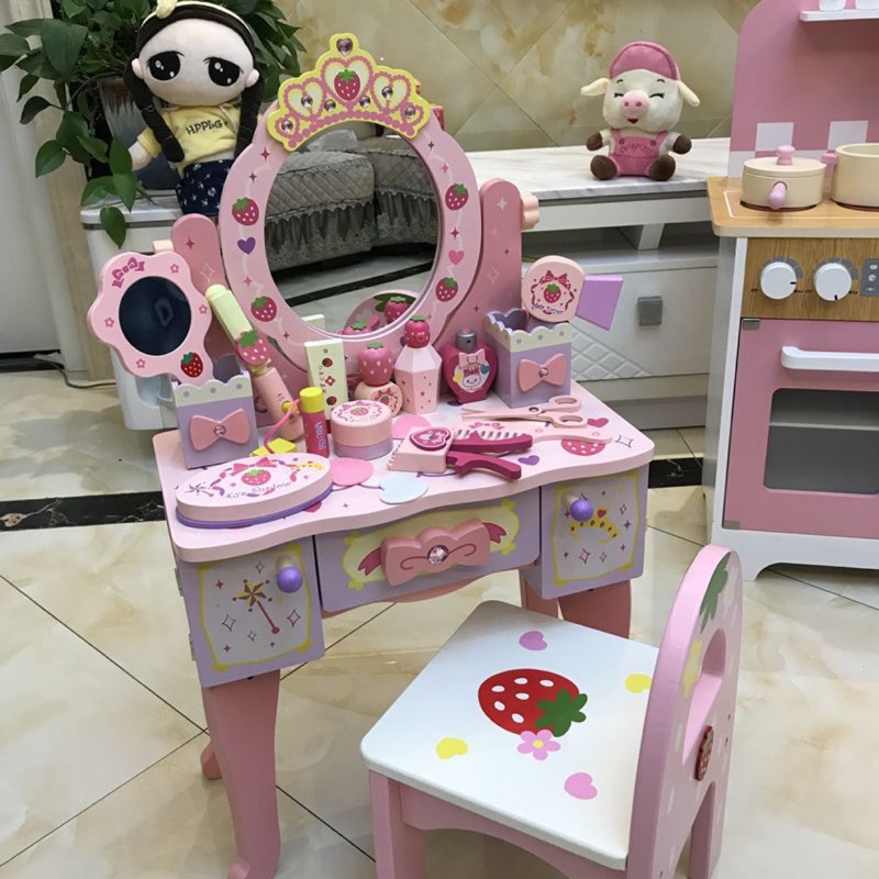 【宅配免運】新款增高兒童木製化妝台 扮家家酒梳妝台玩具（含椅子）