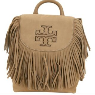 TORY BURCH Harper Fringe 流蘇飾邊麂皮後背包(Mini/駝色)