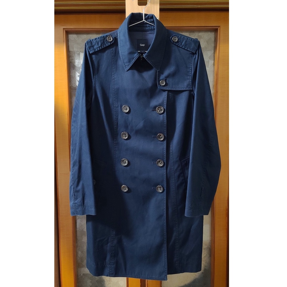 美國 GAP 深藍 防風 雙排釦 長版 修身 保暖 軍裝 風衣 英倫 大衣 外套 越南製