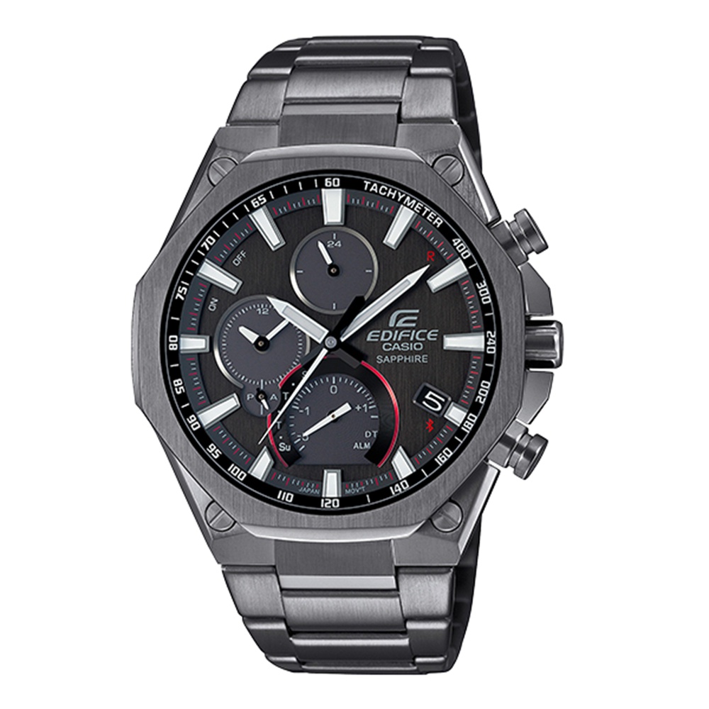 【CASIO】EDIFICE 跑車動感藍牙太陽能不鏽鋼錶-灰X黑紅(EQB-1100DC-1A)公司貨