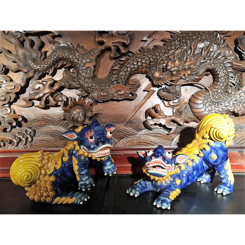 【啟秀齋】早期台灣交趾陶 一代宗師 林再興 對獅 逗 (限量作品) 交趾燒 已故國寶級跤趾陶藝師 1F