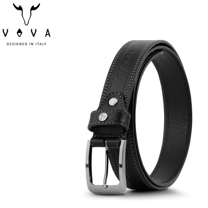 VOVA 真皮 品味紳士LOGO壓紋復古休閒皮帶-黑 穿針式皮帶/穿孔式皮帶 VA007-004