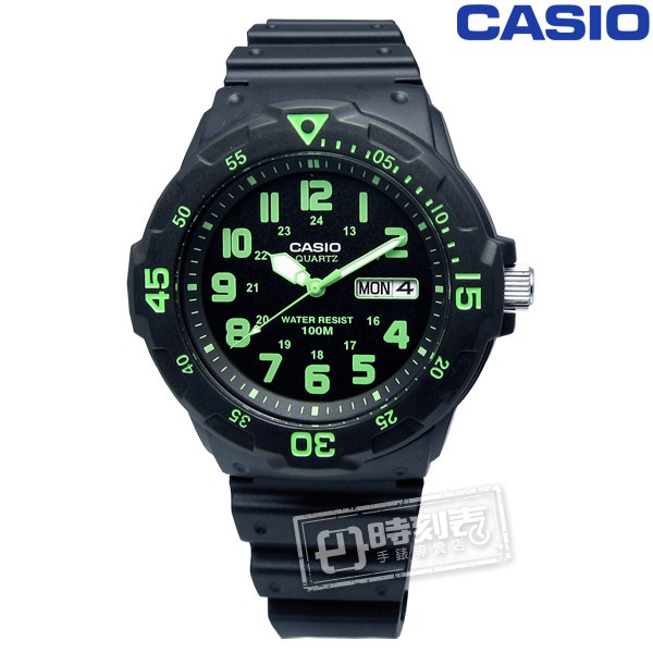 CASIO / 卡西歐潛水勇者簡潔時標防水橡膠手錶 黑綠色 / MRW-200H-3B / 43mm