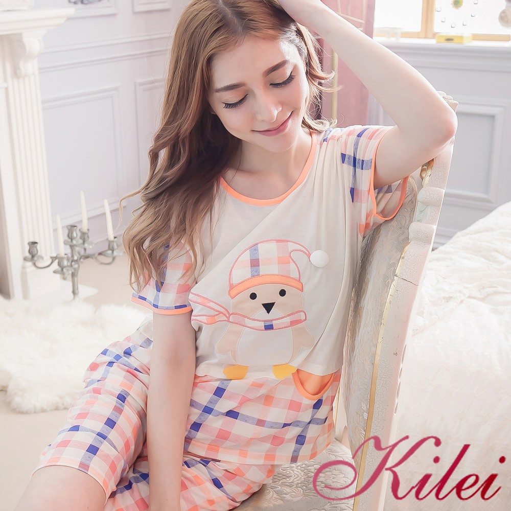 【Kilei】女生睡衣 睡衣套裝 家居服睡衣 帽子企鵝方格棉質短袖二件式睡衣組XA2939-03=04(活力桔)全尺碼