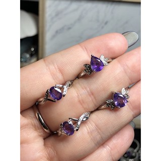 《A14》天然巴西紫水晶鑲半銀戒指（活圍）
