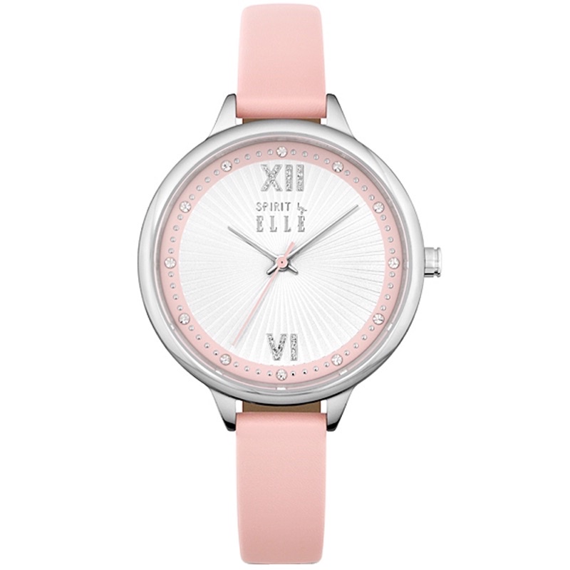 💗一個就免運 全新手錶💗ELLE 柔美晶鑽羅馬時標皮革腕錶-銀/粉紅-38mm