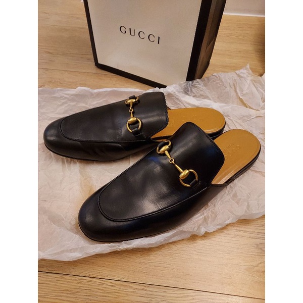 正品真品Gucci馬銜扣皮革平底拖鞋穆勒鞋懶人鞋男 Leather Horsebit slipper 9號 原價兩萬多