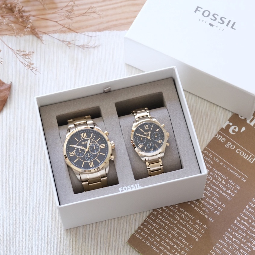 【七夕指定折扣】FOSSIL (男女對錶) 禮盒 計時 金色不鏽鋼 情侶對錶 男錶 女錶 BQ2400SET