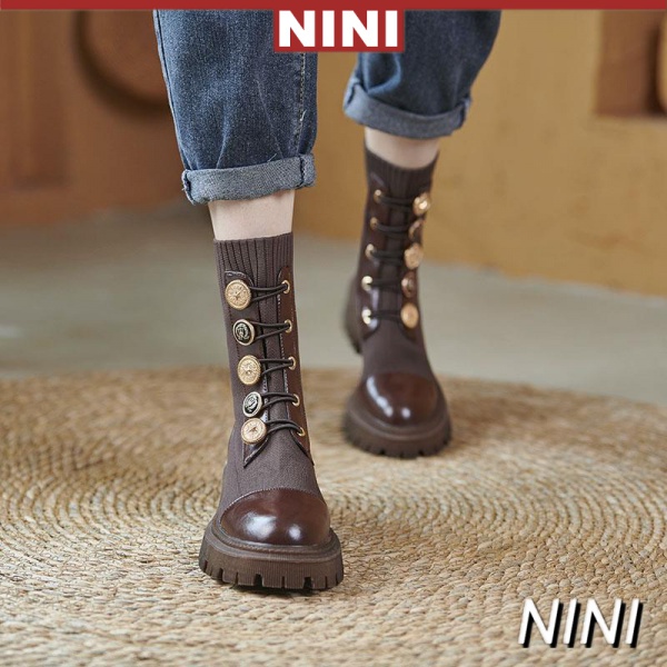 34-41 襪靴 飛織厚底 ins 短靴 瘦瘦靴 針織靴子 馬丁靴【NINI】