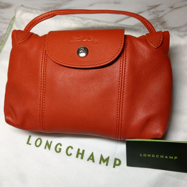 Longchamp Le Pliage Cuir 小羊皮迷你斜背包/郵差包 番茄紅 磚紅