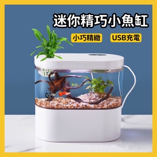 【限時特價】迷你魚缸 小魚缸 迷你水族箱 懶人魚缸 桌面魚缸 魚缸 桌上魚缸 水族箱 孔雀魚 蝦蟹 水草缸 USB充電