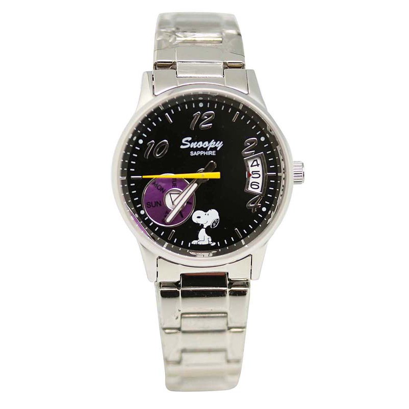 卡漫城 - 75折 Snoopy 金屬錶 日期星期 黑L ㊣版 手錶 史努比史奴比 女錶對錶 不鏽鋼 強化水晶鏡面 鐵錶