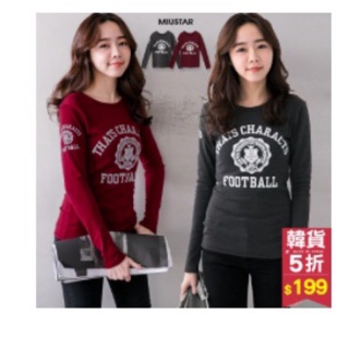 《全場最低價,最便宜》女性正韓FOOTBALL膠印薄長袖顯瘦棉上衣灰黑色 二手全新轉賣MIUSTAR