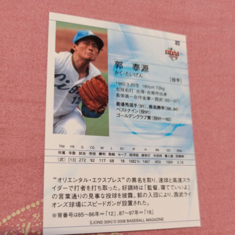 旅日強投郭泰源稀少的球員卡 蝦皮購物