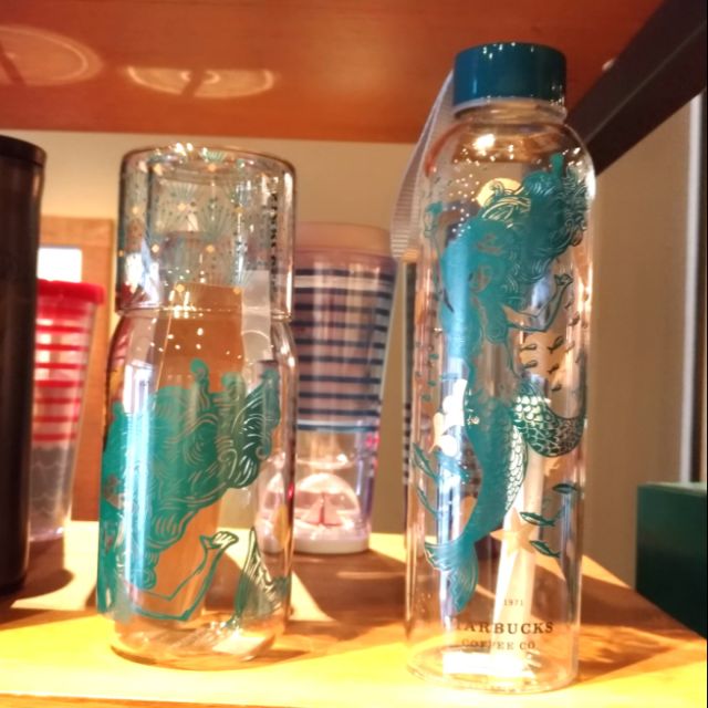 星巴克人魚皇冠玻璃瓶附杯，人魚海洋玻璃水瓶，玻璃瓶