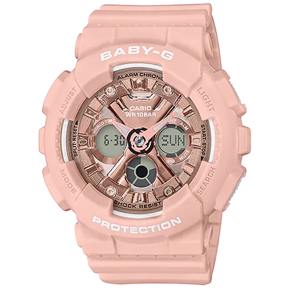 CASIO 卡西歐 女 BABY-G 街頭時尚運動風雙顯腕錶-甜美粉(BA-130-4A)