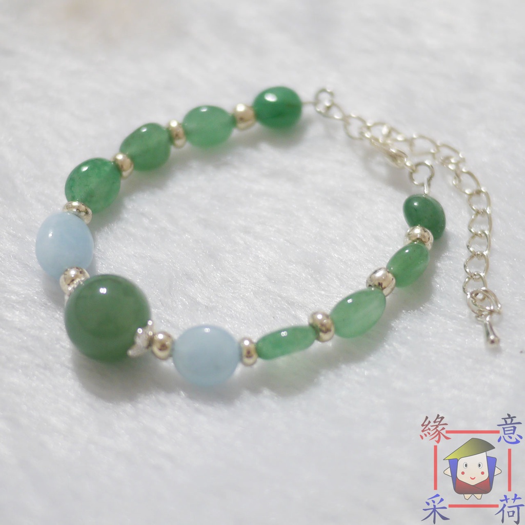 【緣意采荷】綠東菱玉+海藍寶 隨形 圓珠 手鍊 手串 手珠 水晶 玉石