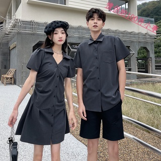 【COUPLE】情侶裝夏季設計感V領褶皺襯衫連衣裙ins潮男襯衣一裙一衣