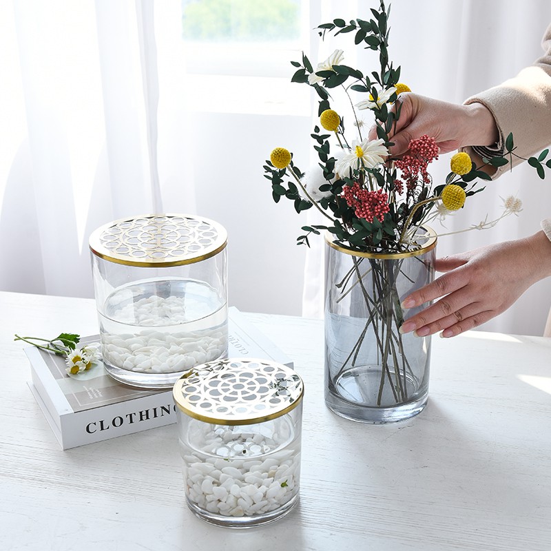 现货北歐簡約創意透明玻璃網格蓋花瓶擺件客廳插花鮮花水培固定神器 蝦皮購物
