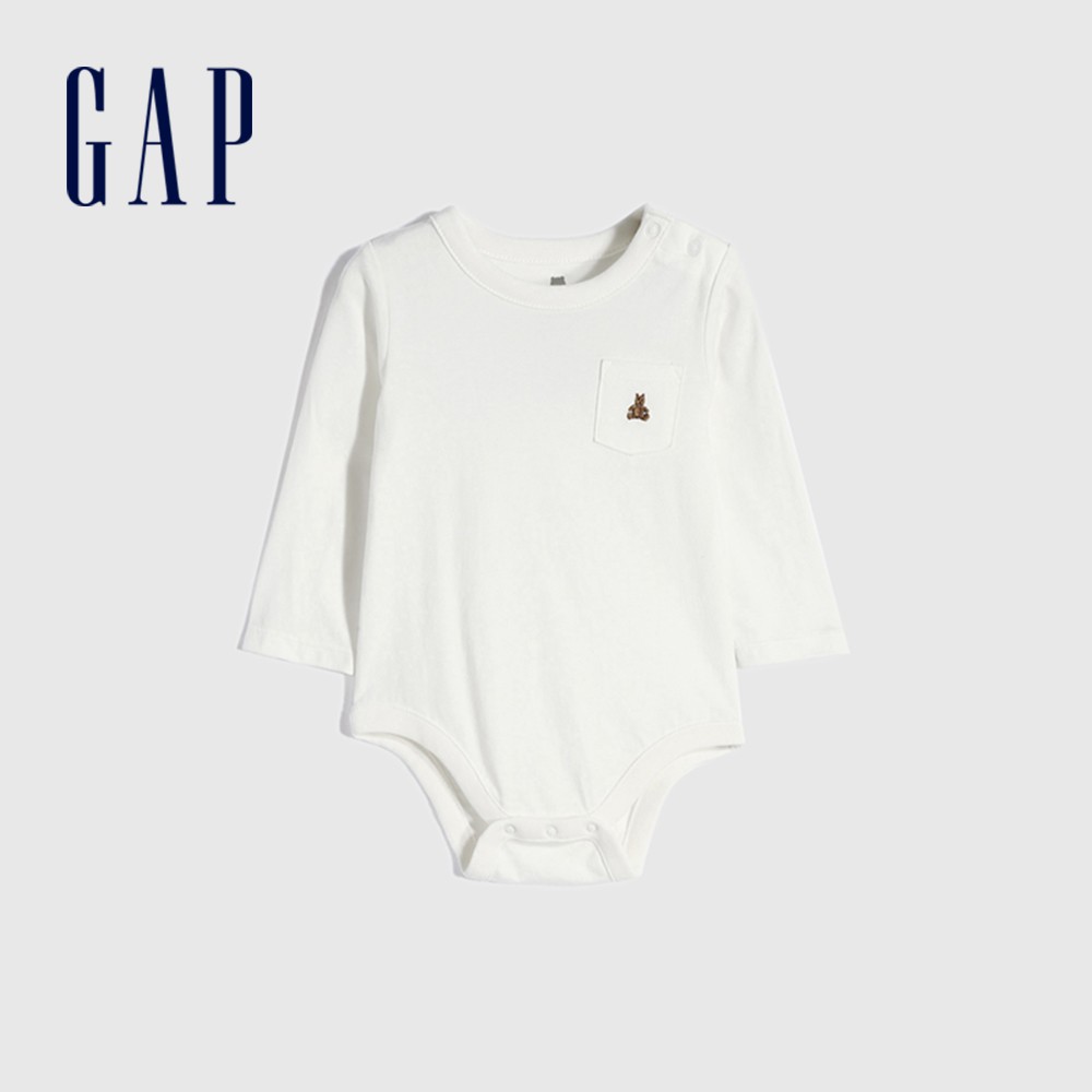 Gap 嬰兒裝 簡約小熊刺繡長袖包屁衣 布萊納系列-白色(663830)